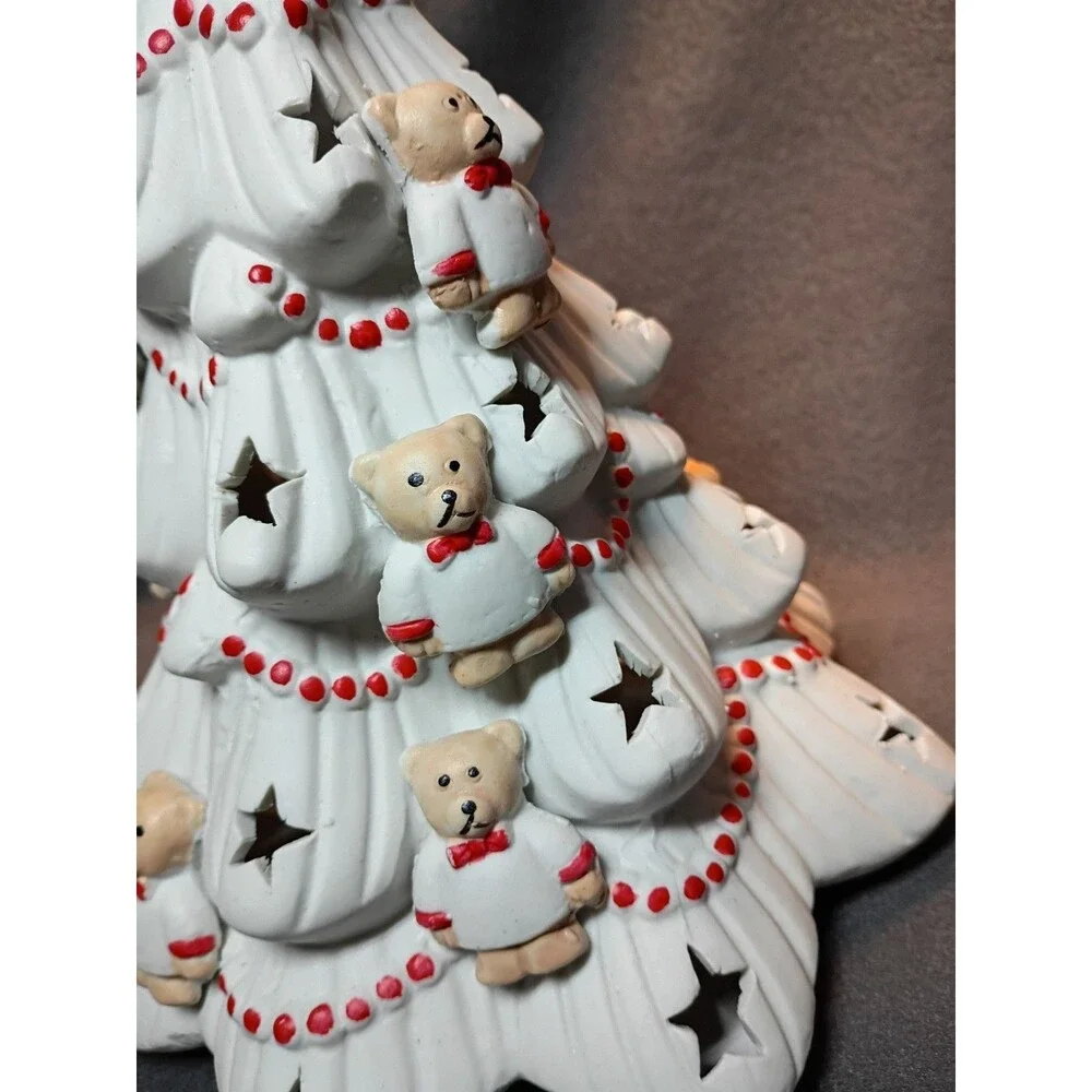 Vintage White Porcelain Lighted Christmas Tree Teddy Bears 9